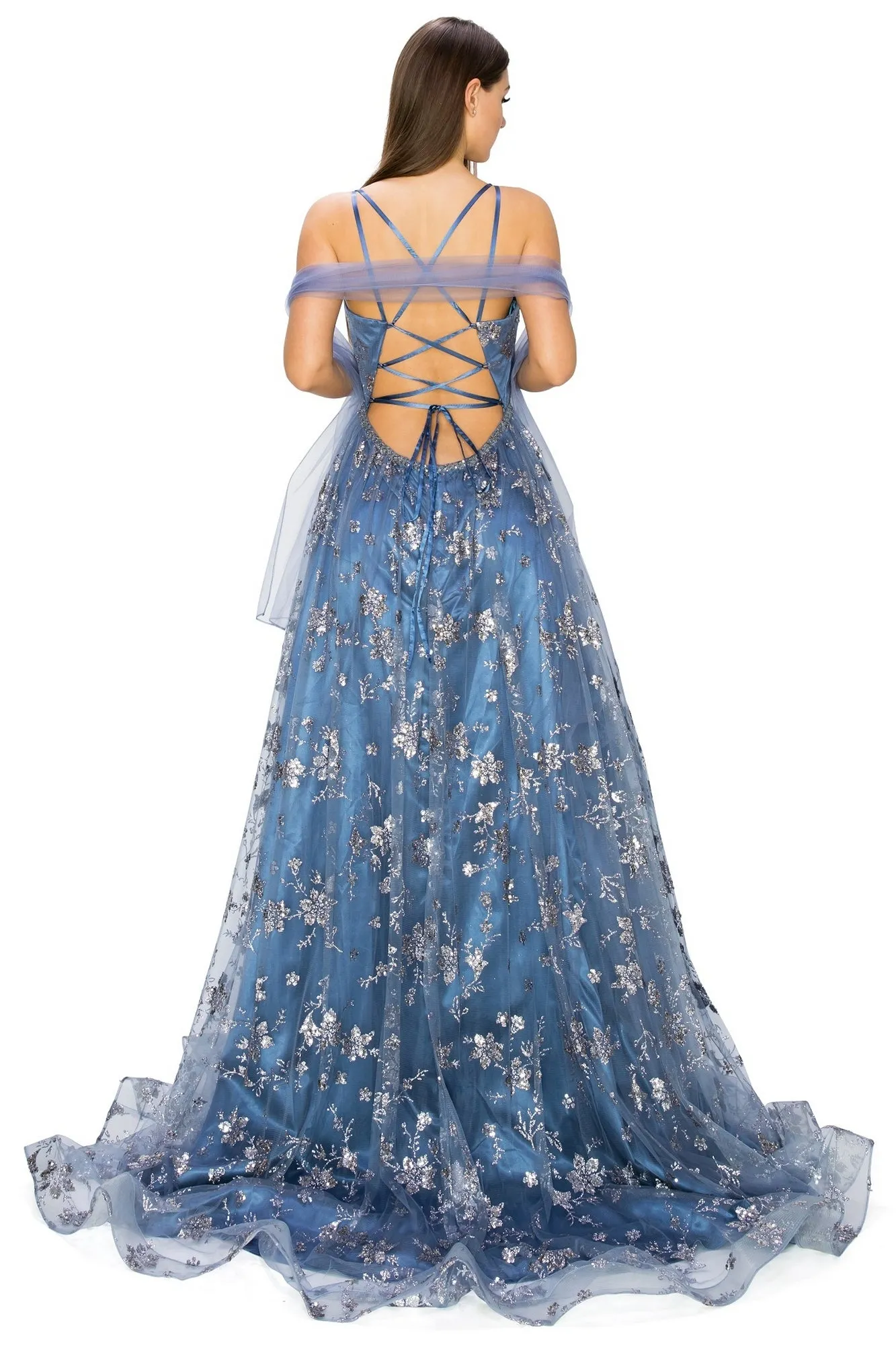 Floral-Glitter Long A-Line Formal Prom Dress 8022J sold by PromGirl product image thumbnail 2