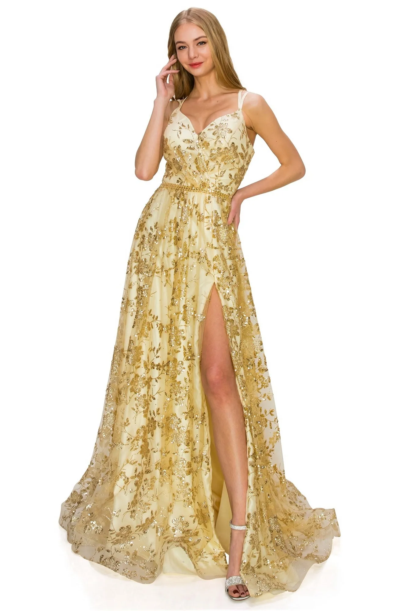 Floral-Glitter Long A-Line Formal Prom Dress 8022J sold by PromGirl product image thumbnail 4