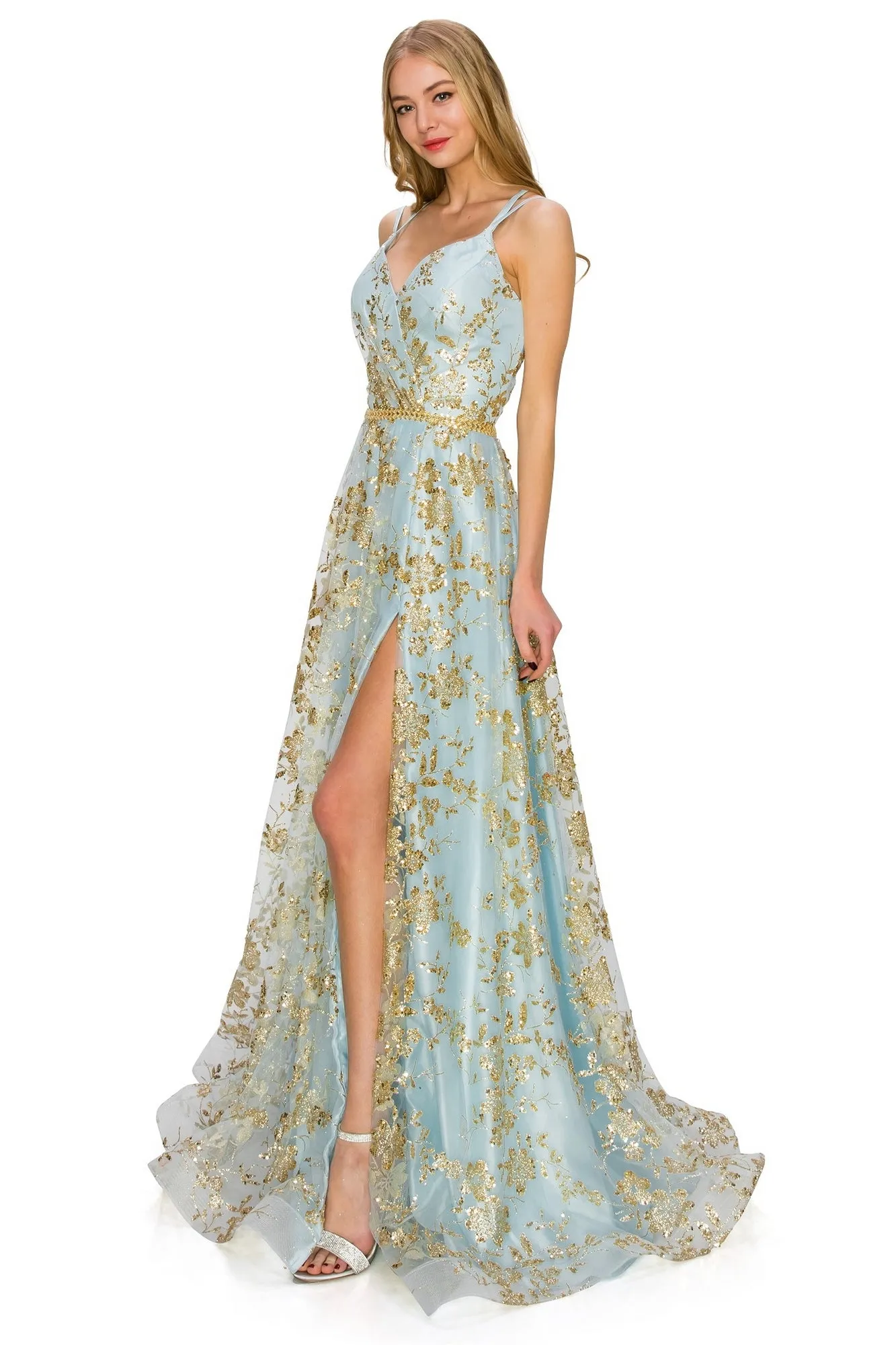 Floral-Glitter Long A-Line Formal Prom Dress 8022J sold by PromGirl product image thumbnail 3