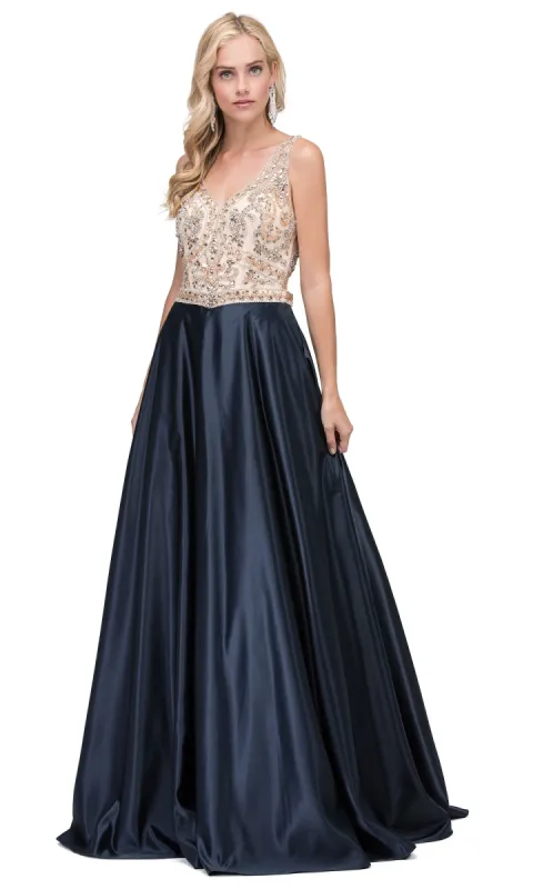 Beaded-Bodice Long Prom Ball Gown with Pockets sold by PromGirl