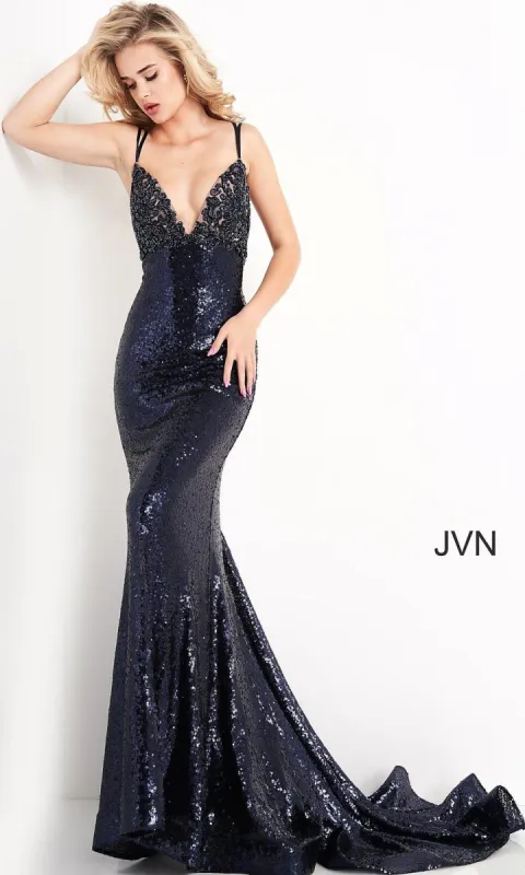 JVN by Jovani Long Strappy-Back Sequin Prom Dress sold by PromGirl