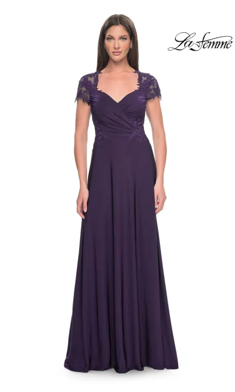 La Femme Cap Sleeve Long Purple Prom Dress 31906 sold by PromGirl
