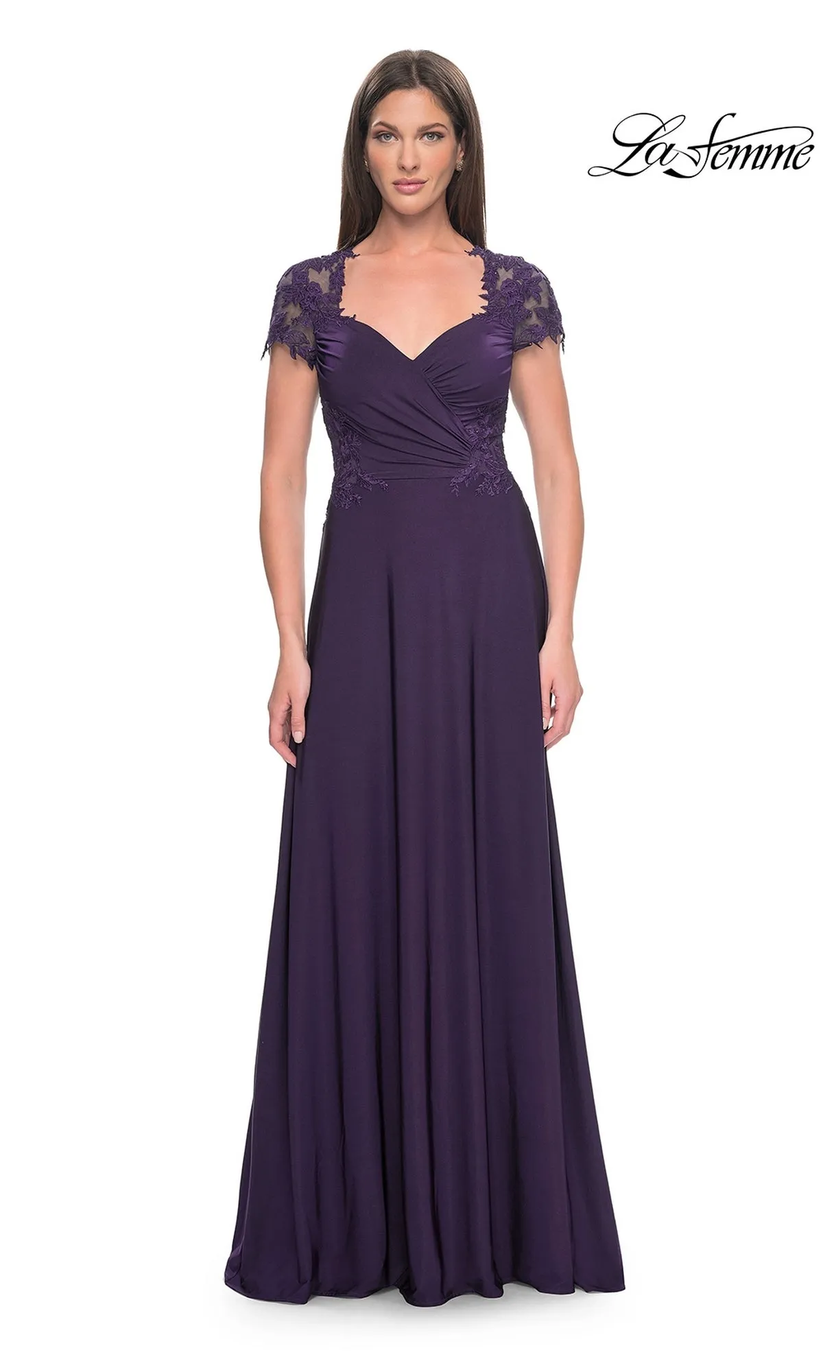 La Femme Cap Sleeve Long Purple Prom Dress 31906 sold by PromGirl