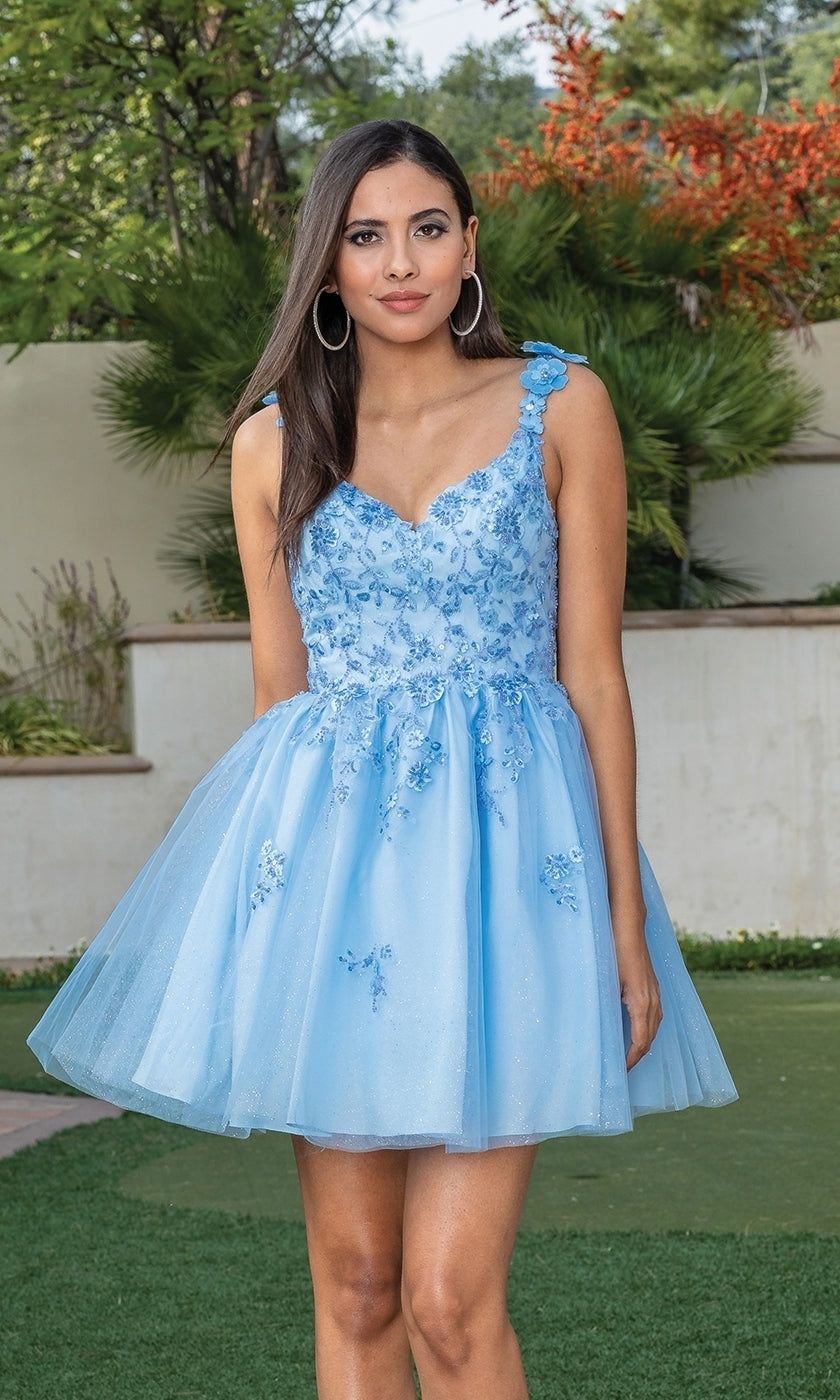 Floral Applique Short Babydoll Glitter Hoco Dress sold by PromGirl