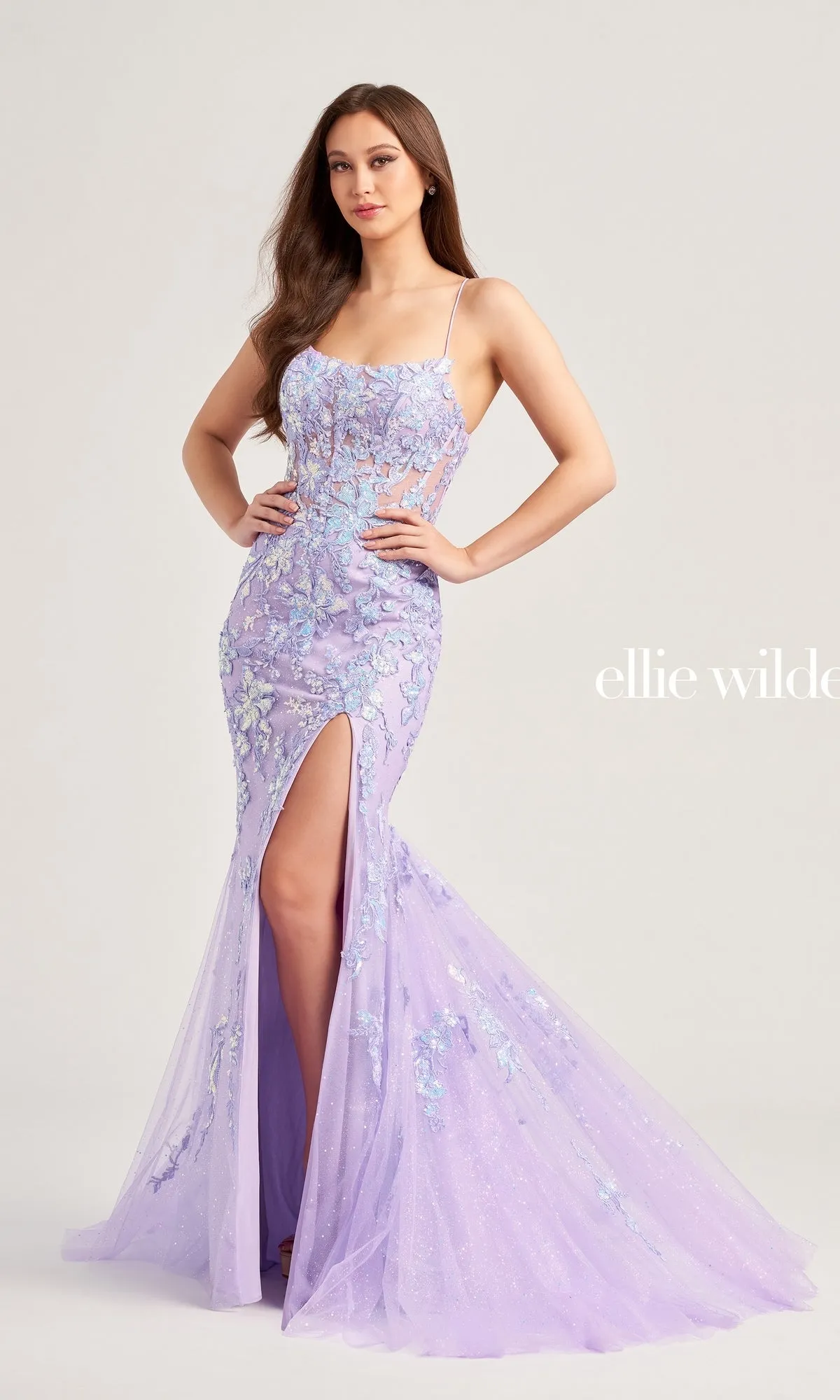Ellie Wilde EW35057 Glitter-Floral Prom Dress sold by PromGirl