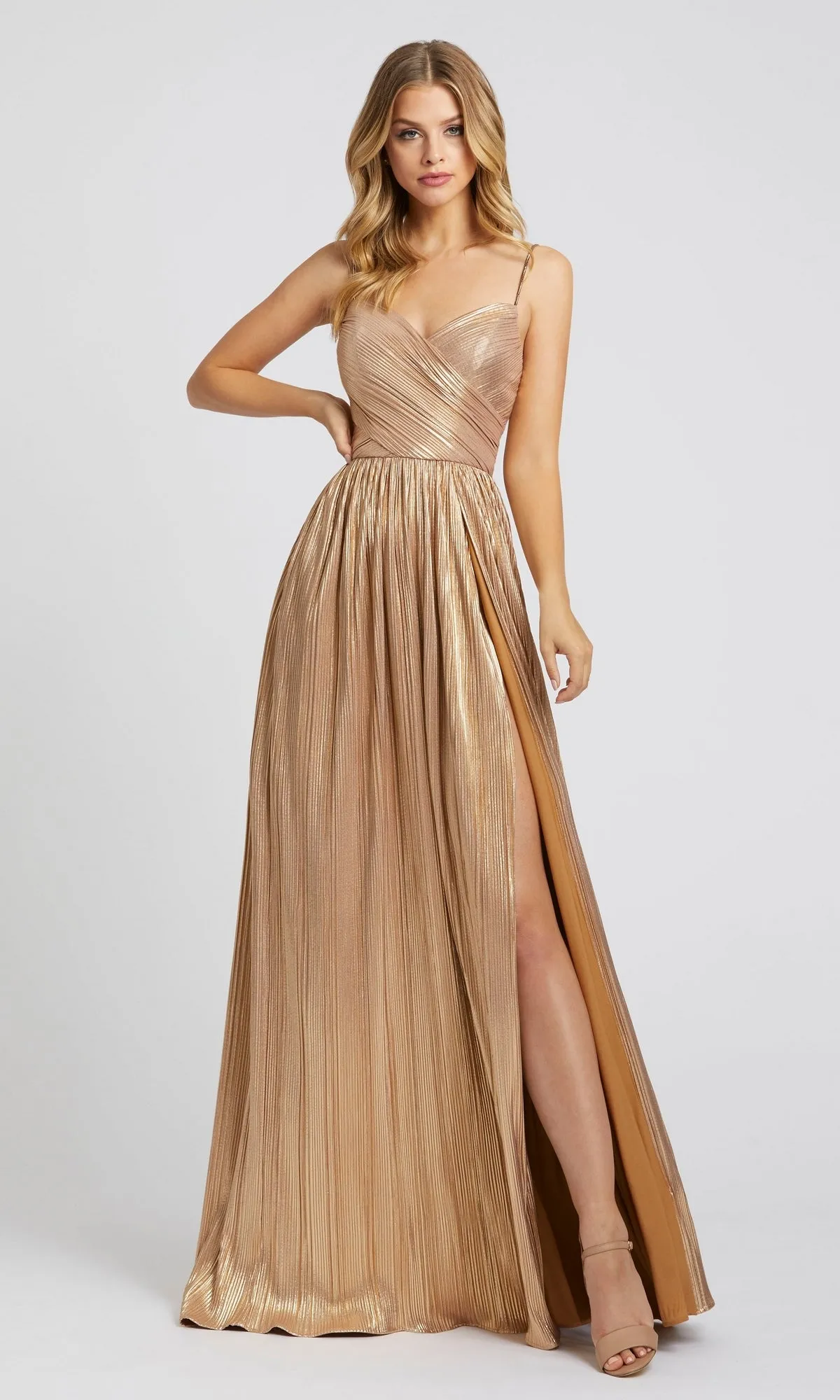 Long Gold Pleated Formal Dress: Mac Duggal 26275 sold by PromGirl