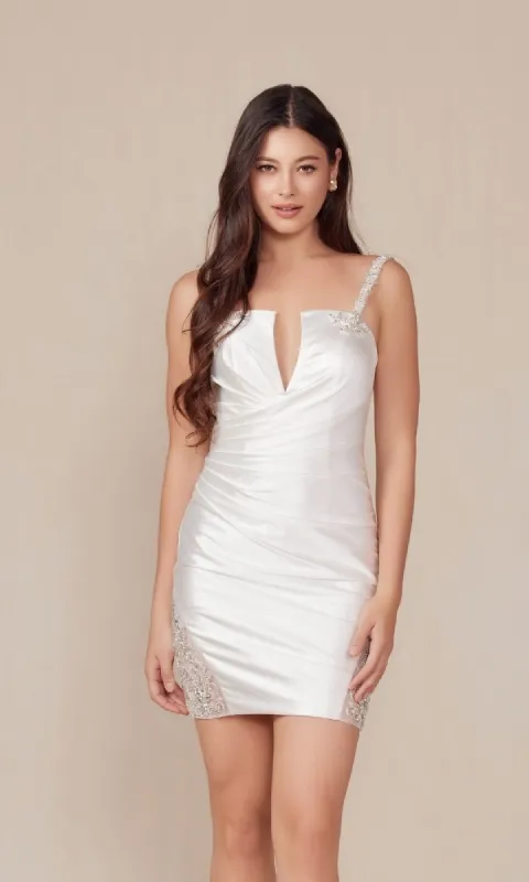 Silver-Beaded Short White Homecoming Dress E912W sold by PromGirl