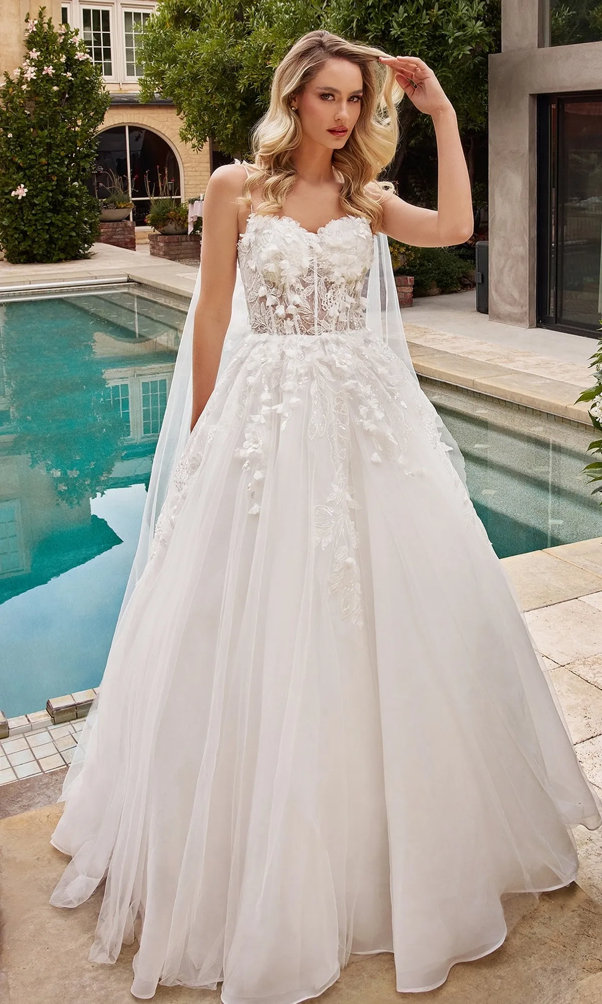 Long White Bridal Gown with Shoulder Train CDS437W sold by PromGirl product image thumbnail 3