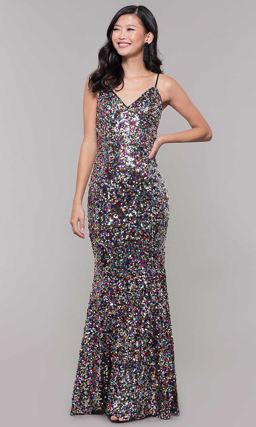 Long Sequin V-Neck Prom Dress sold by PromGirl