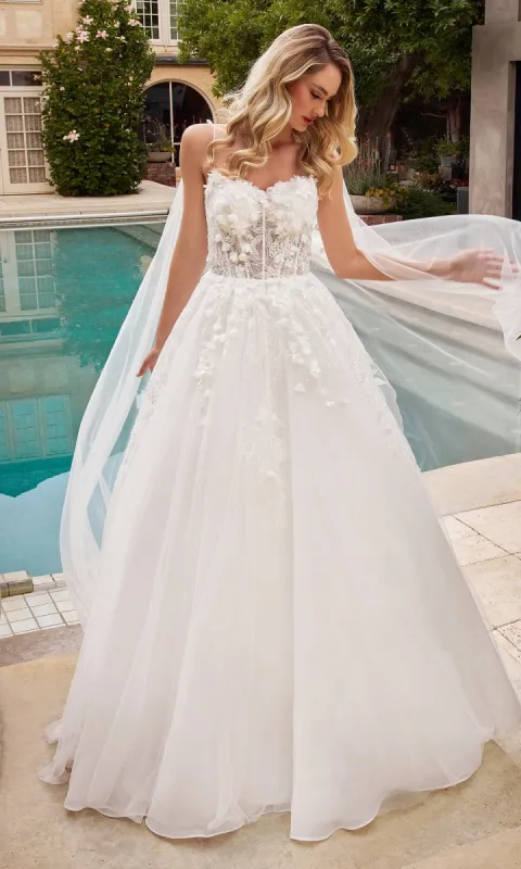 Long White Bridal Gown with Shoulder Train CDS437W sold by PromGirl