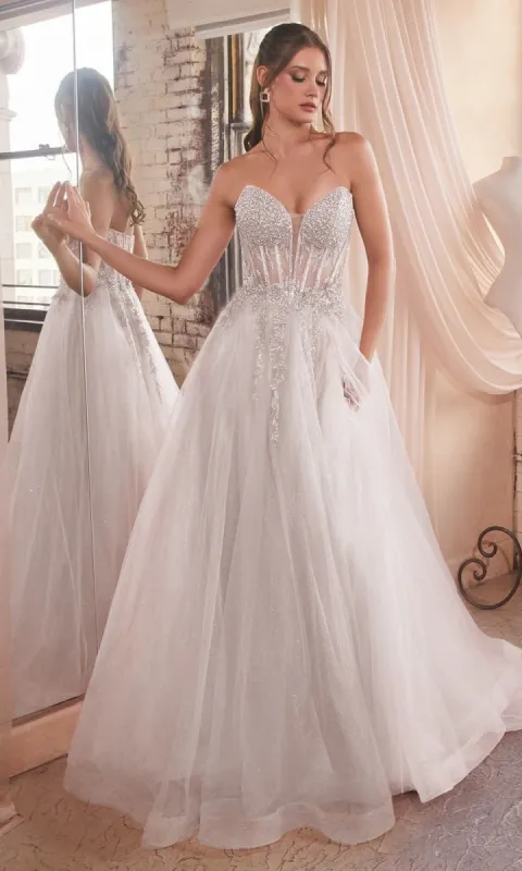 Strapless Long White Bridal Gown: Ladivine CD0230W sold by PromGirl
