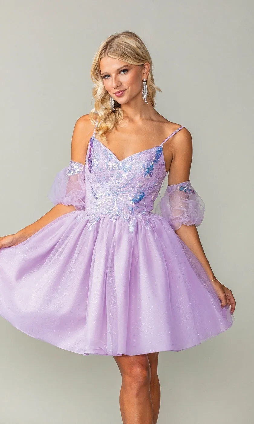 Puff-Sleeve Short Purple Homecoming Dress 3362 sold by PromGirl