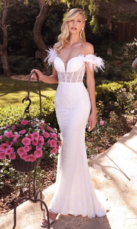Long White Formal Gown with Feathers J824W sold by PromGirl