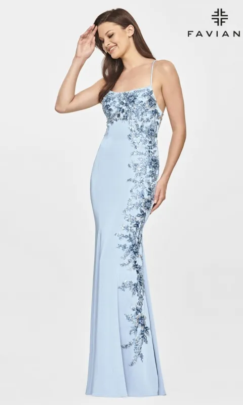 Faviana Open-Back Long Tight Prom Dress with Lace sold by PromGirl