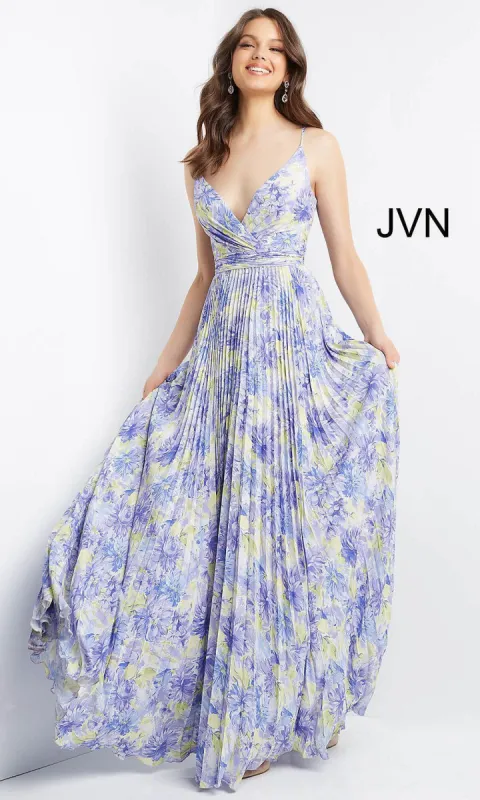 Purple Print Long Pleated JVN by Jovani Prom Dress sold by PromGirl