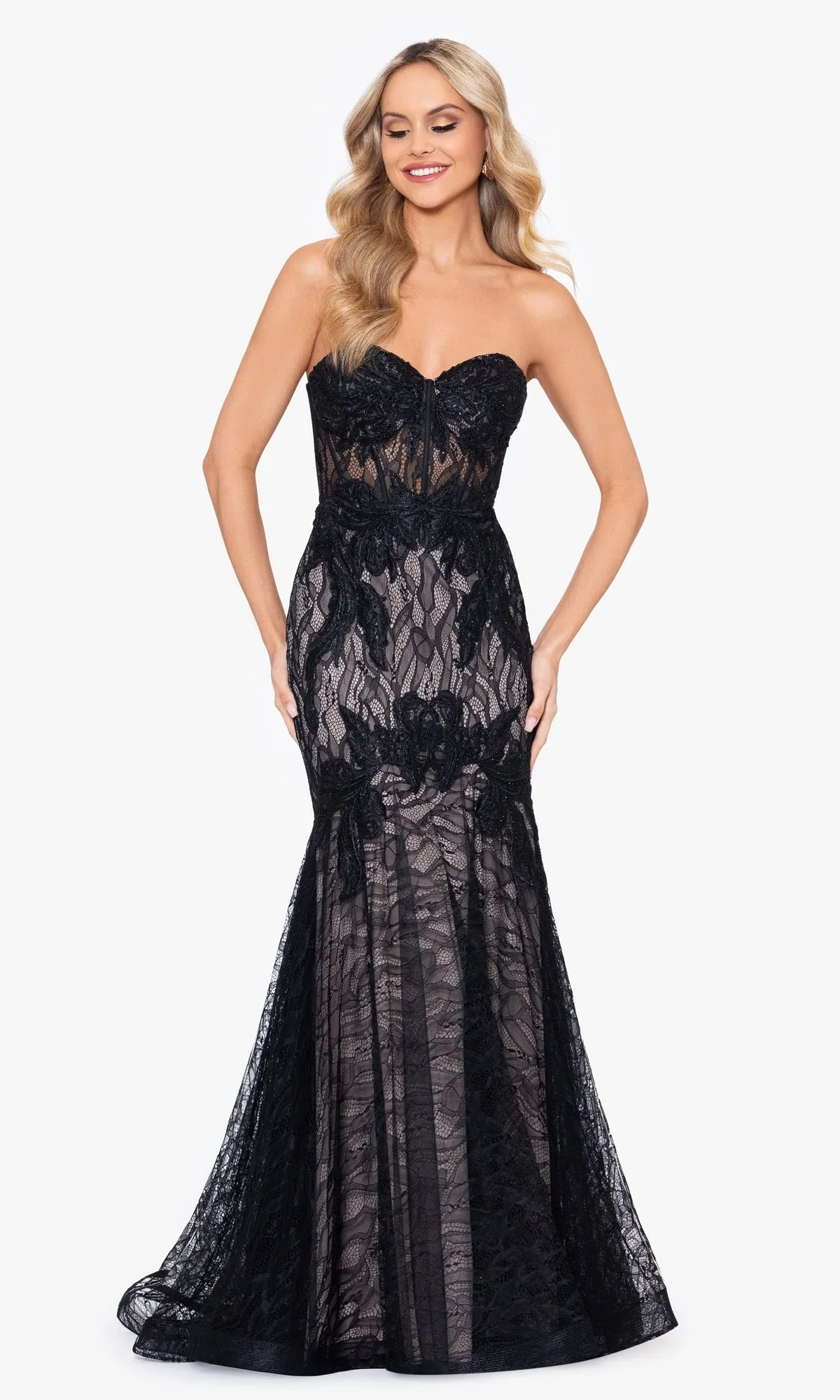 Strapless Long Black Lace Prom Dress 27957BN sold by PromGirl product image thumbnail 4