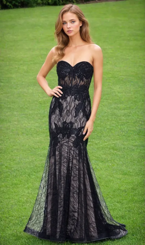 Strapless Long Black Lace Prom Dress 27957BN sold by PromGirl