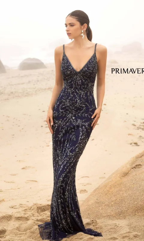 Primavera V-Neck Long Sequin Prom Dress 3793D sold by PromGirl