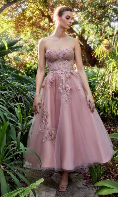 Blush Pink Strapless Tea-Length Prom Gown A1195 sold by PromGirl