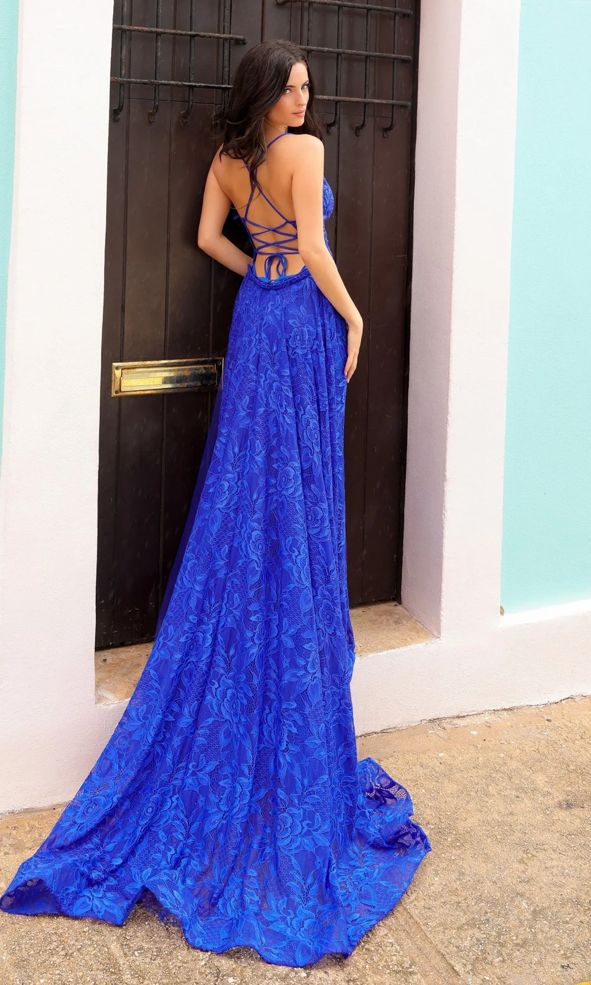 Open-Back Long Lace Prom Dress with Train G1353 sold by PromGirl product image thumbnail 2