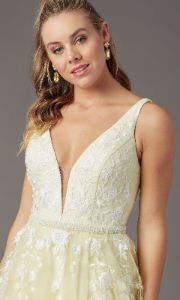 Long Deep-V-Neck Prom Ball Gown by PromGirl sold by PromGirl