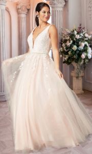 Long Deep-V-Neck Prom Ball Gown by PromGirl sold by PromGirl