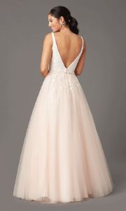 Long Deep-V-Neck Prom Ball Gown by PromGirl sold by PromGirl