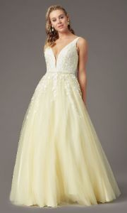 Long Deep-V-Neck Prom Ball Gown by PromGirl sold by PromGirl