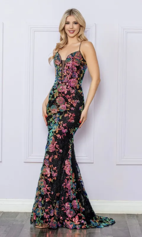 Cut-Out Sequin-Print Long Prom Dress R1439 sold by PromGirl