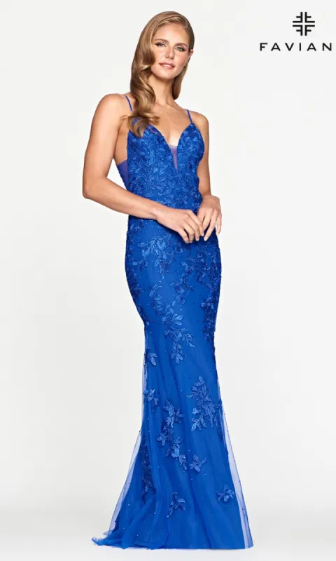 Sheer-Sides Long Lace Prom Dress by Faviana sold by PromGirl