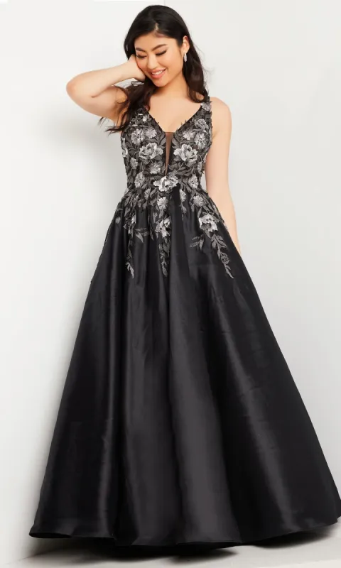 Low V-Neck Black Prom Ball Gown JVN37485 sold by PromGirl