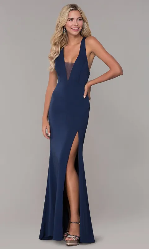 Long Low-V-Neck Prom Dress with Side Slit sold by PromGirl