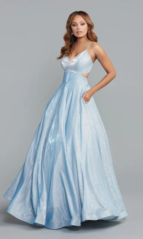 PromGirl Metallic Aqua Blue Long Prom Ball Gown sold by PromGirl