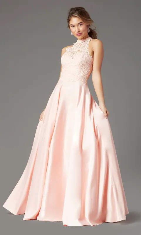 High-Neck Long A-Line Prom Dress by PromGirl sold by PromGirl