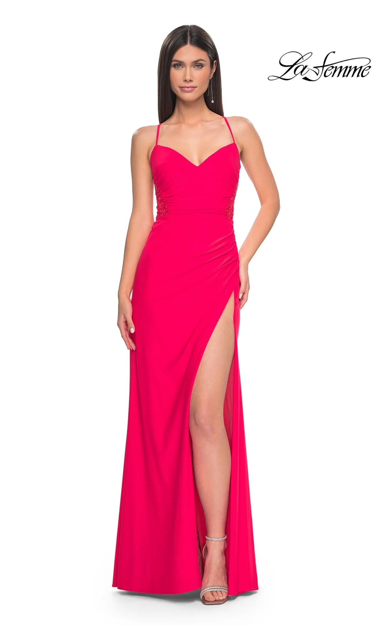 La Femme Bright Hot Coral Long Prom Dress 31440 sold by PromGirl