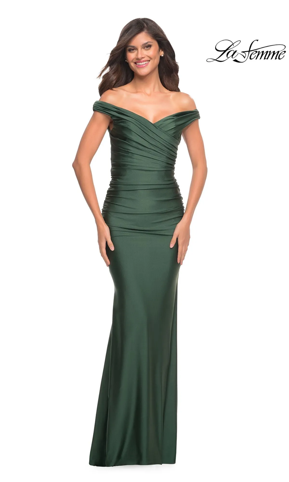 Emerald Green Off-Shoulder La Femme Prom Dress sold by PromGirl