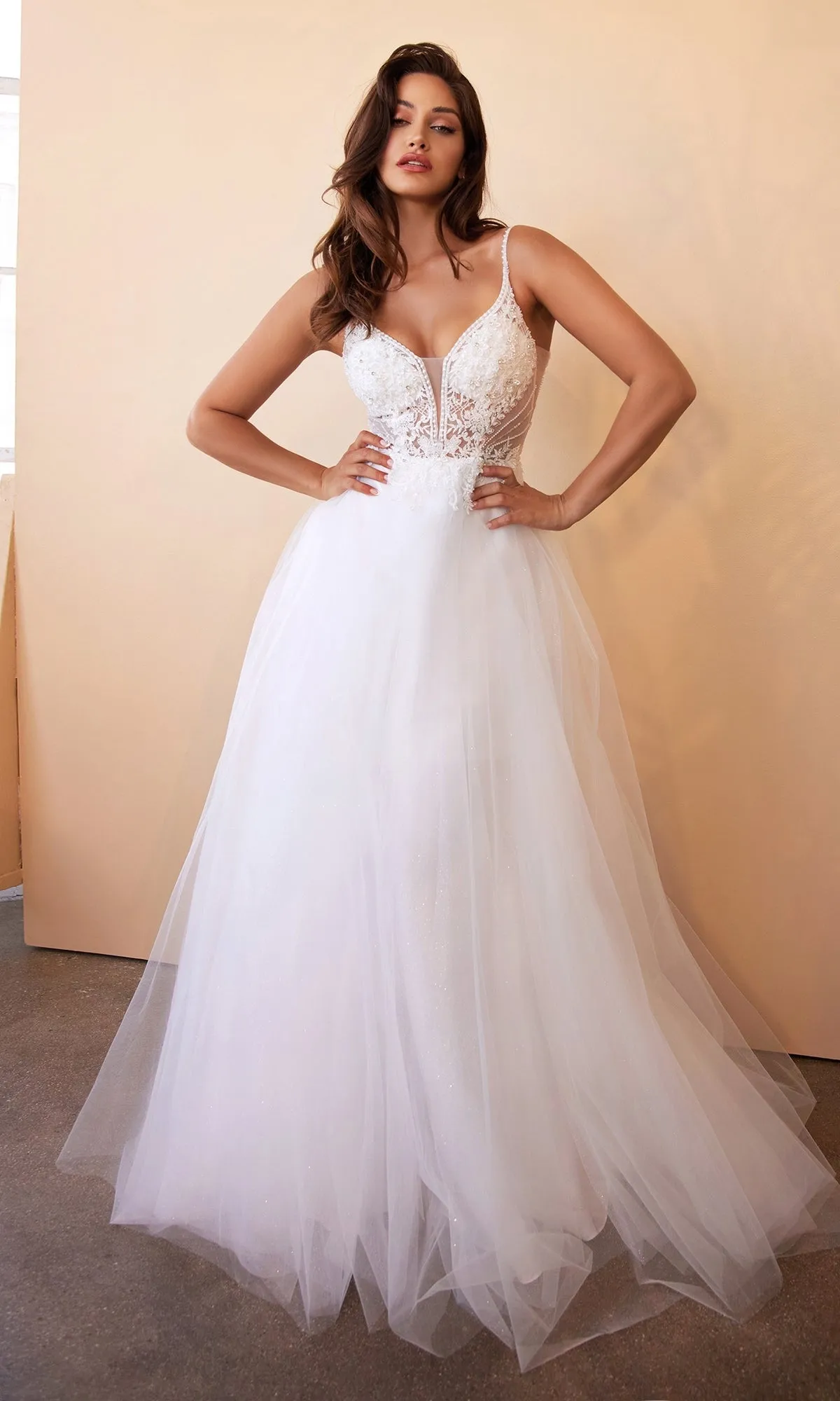 Sheer-Bodice Long White Ball Gown CD0195W sold by PromGirl product image thumbnail 4