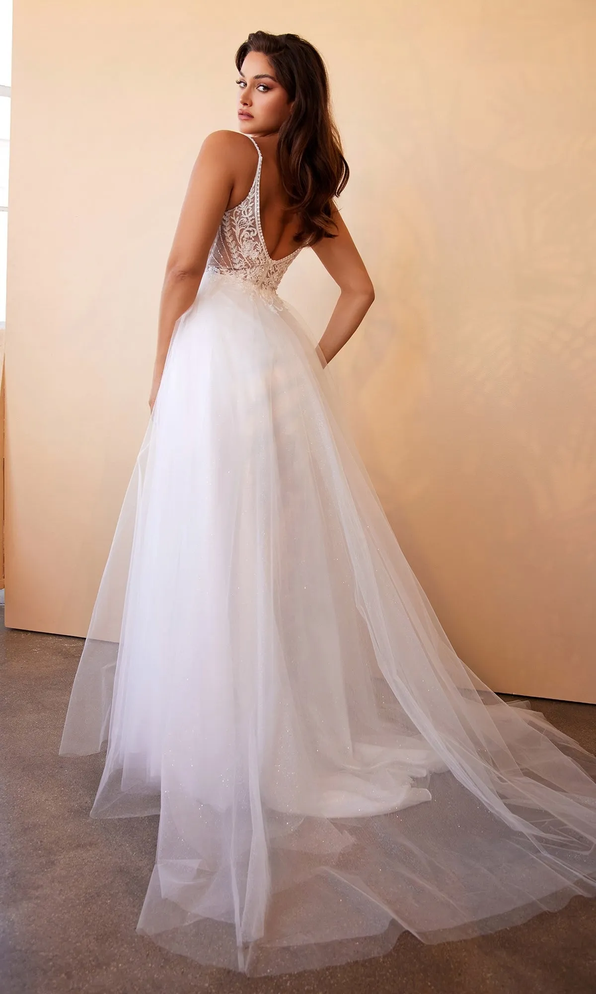 Sheer-Bodice Long White Ball Gown CD0195W sold by PromGirl product image thumbnail 2