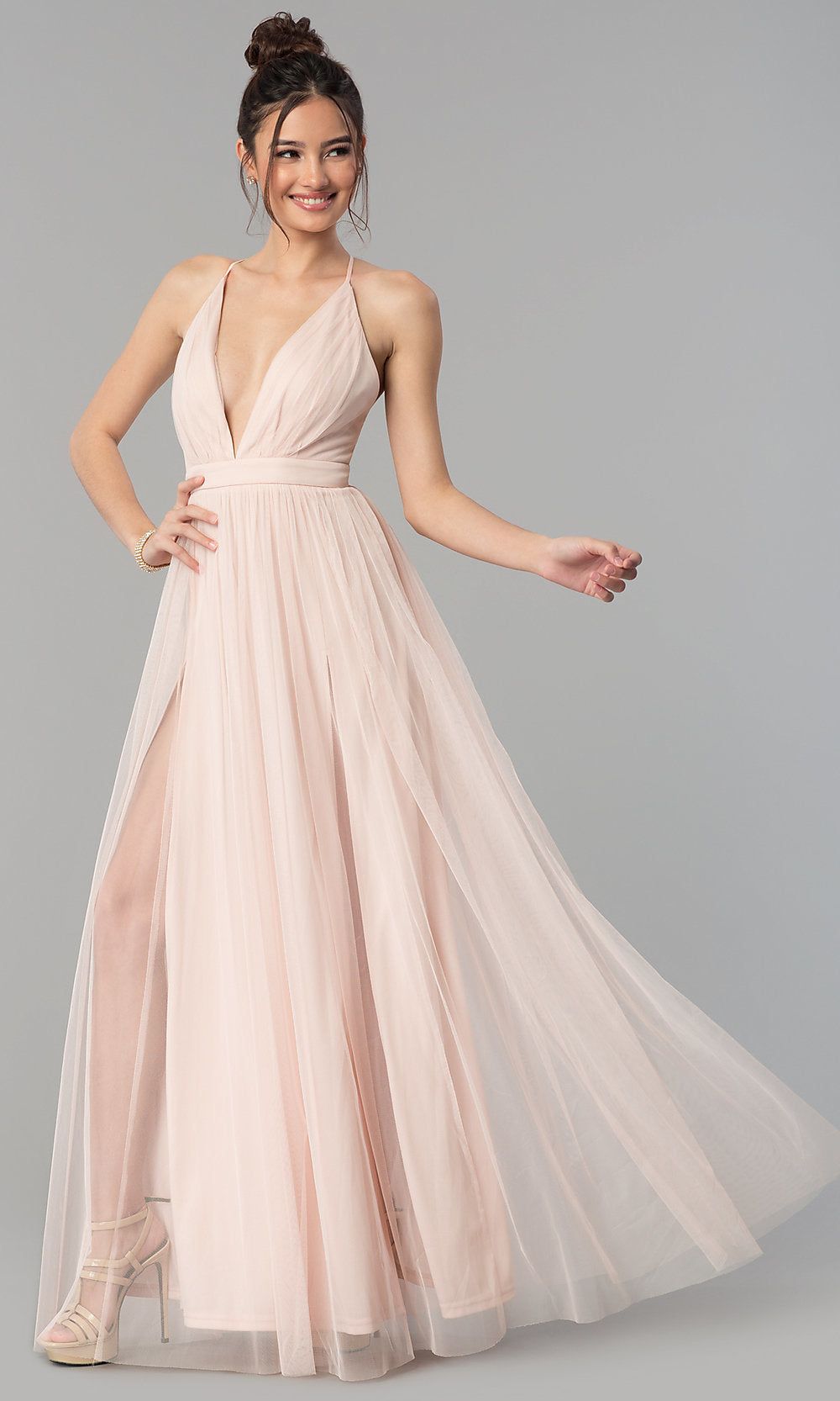 Long Tulle Formal Prom Dress with Low V-Neck sold by PromGirl