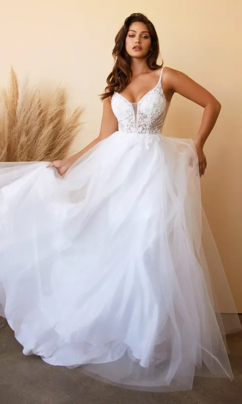 Sheer-Bodice Long White Ball Gown CD0195W sold by PromGirl