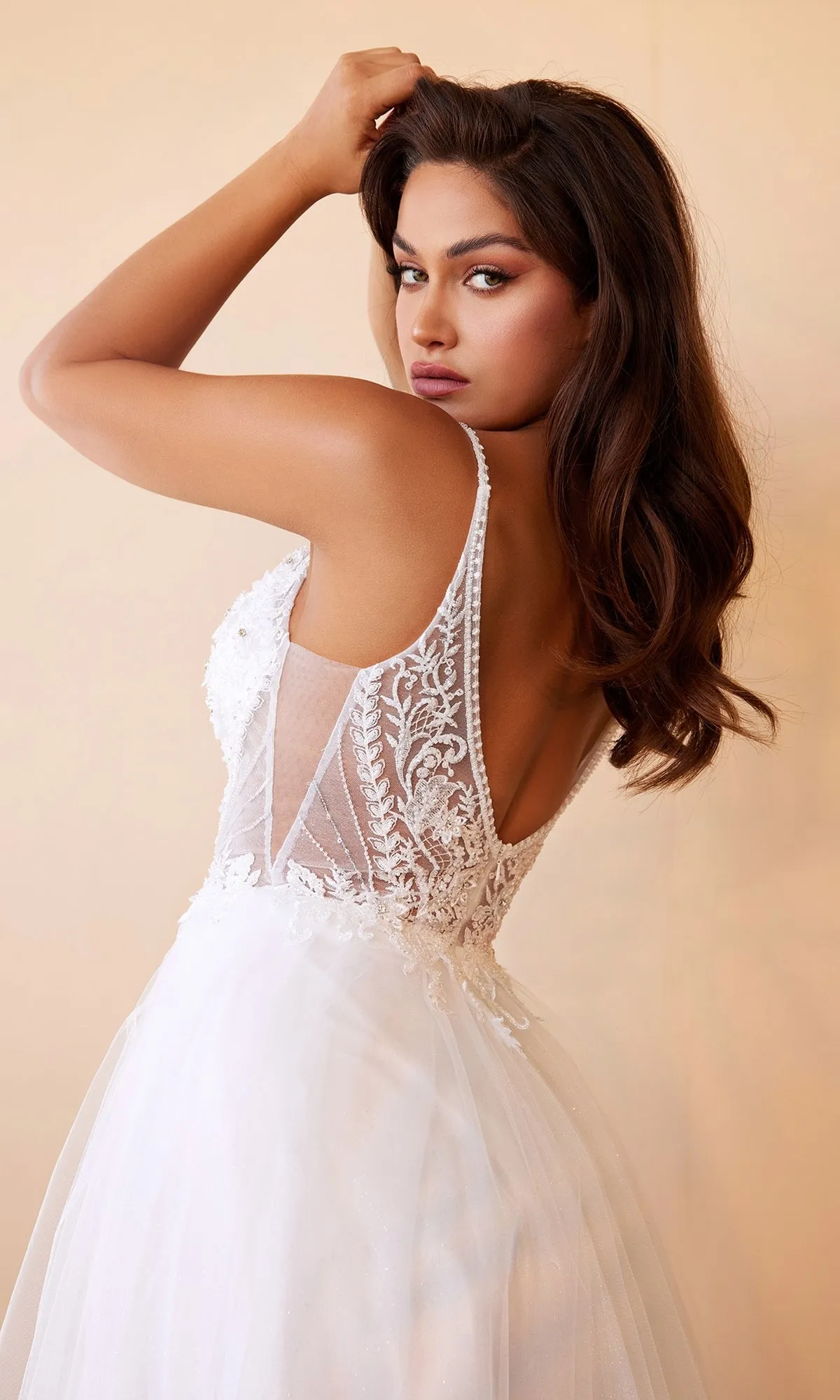 Sheer-Bodice Long White Ball Gown CD0195W sold by PromGirl product image thumbnail 5