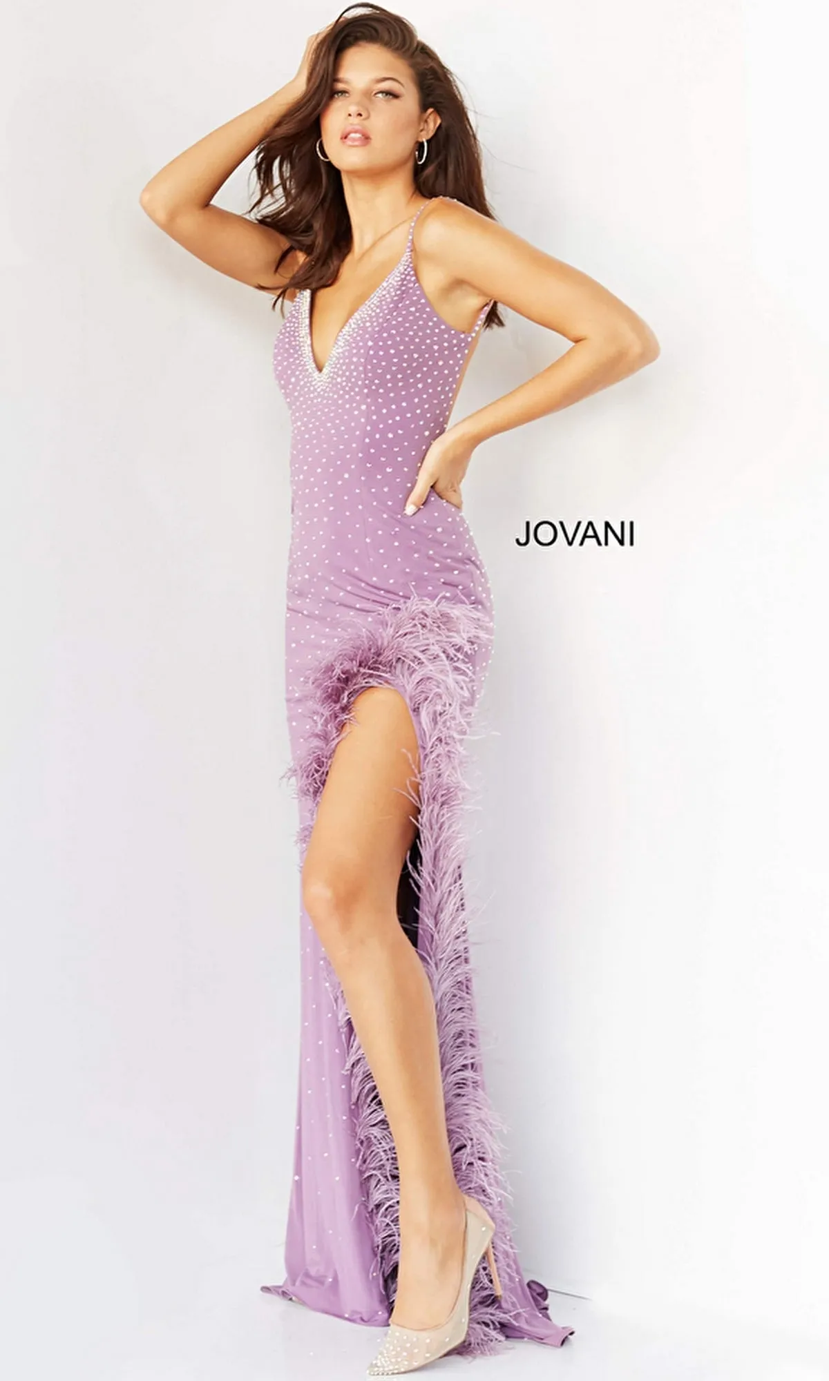 Jovani Feather-Trim Long Beaded Prom Dress 08283 sold by PromGirl product image thumbnail 3