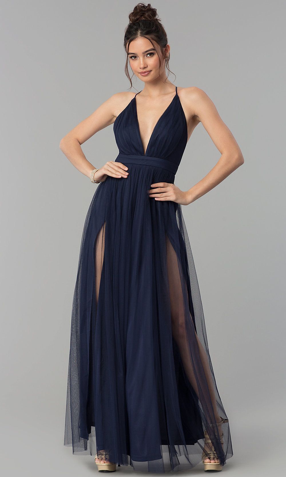 Long Tulle Formal Prom Dress with Low V-Neck sold by PromGirl product image thumbnail 4