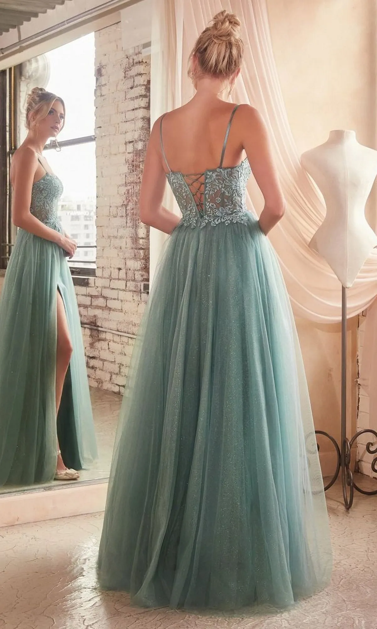 Sheer-Waist Long Glitter-Tulle Prom Dress C150 sold by PromGirl product image thumbnail 2