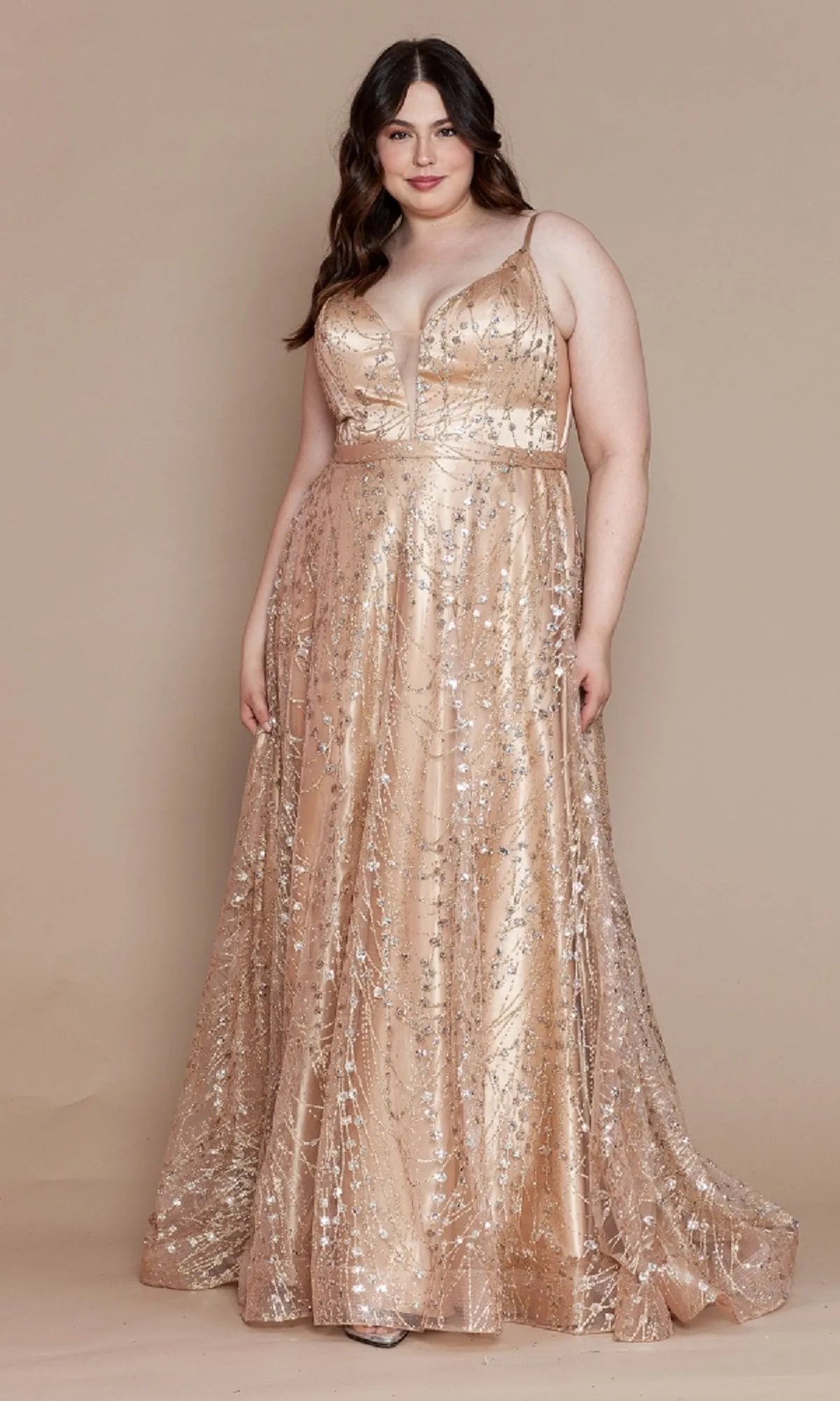 Plus-Size Long Glitter-Print Prom Dress W1004 sold by PromGirl product image thumbnail 3
