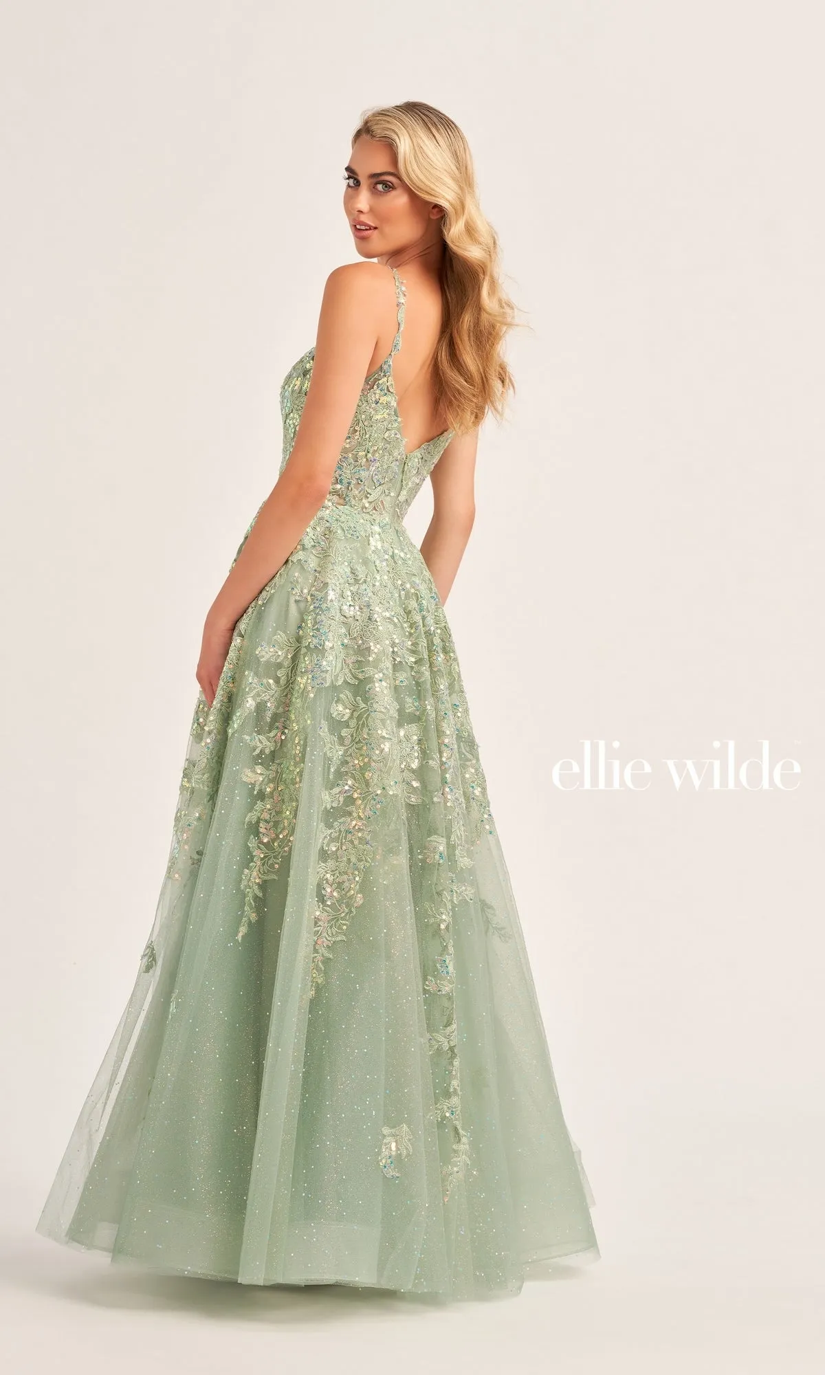 Glitter-Tulle Ellie Wilde Long Prom Dress EW35114 sold by PromGirl product image thumbnail 2