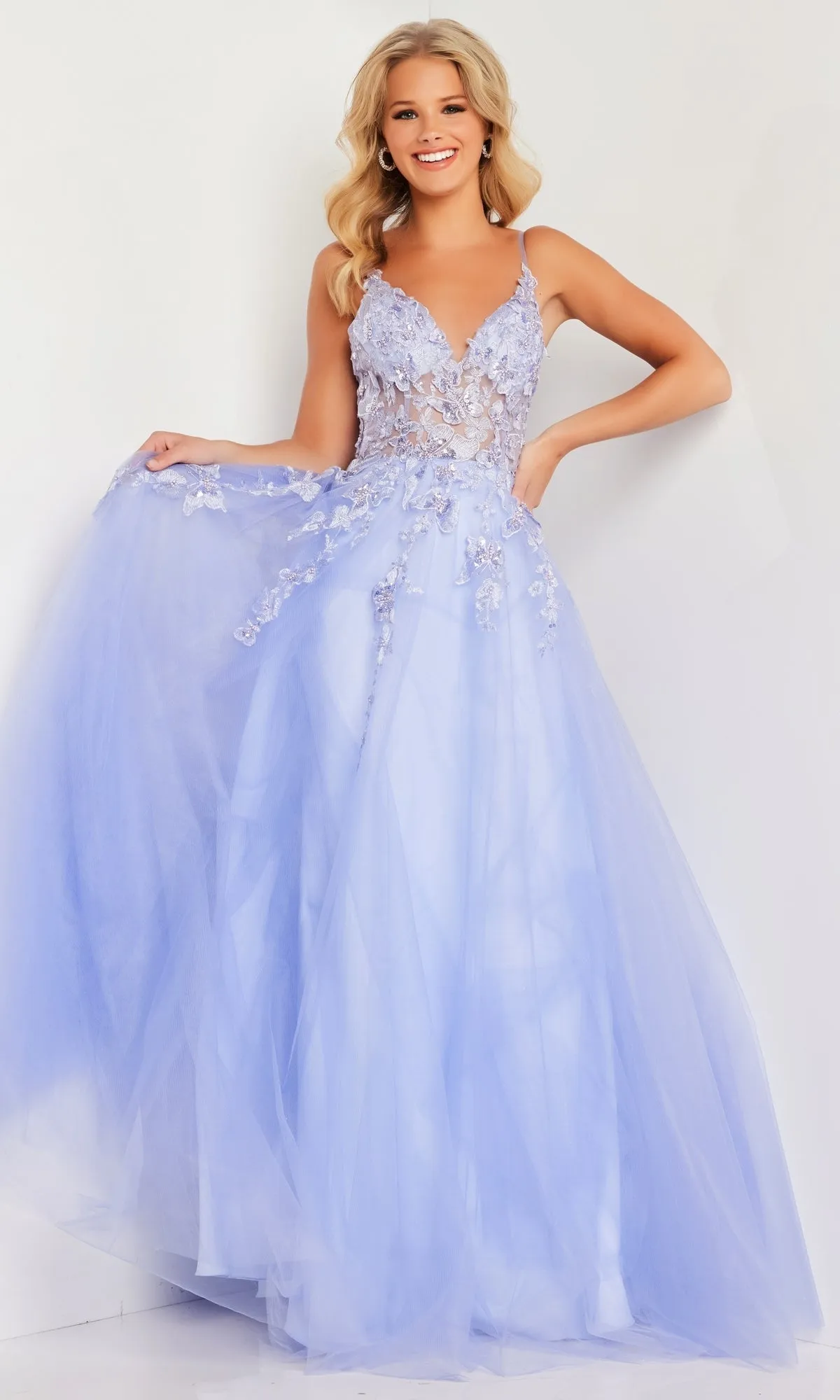 Pastel V-Neck Prom Ball Gown: Jovani JVN37457 sold by PromGirl