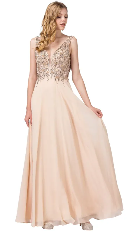 Champagne Long Beaded V-Neck Formal Dress sold by PromGirl