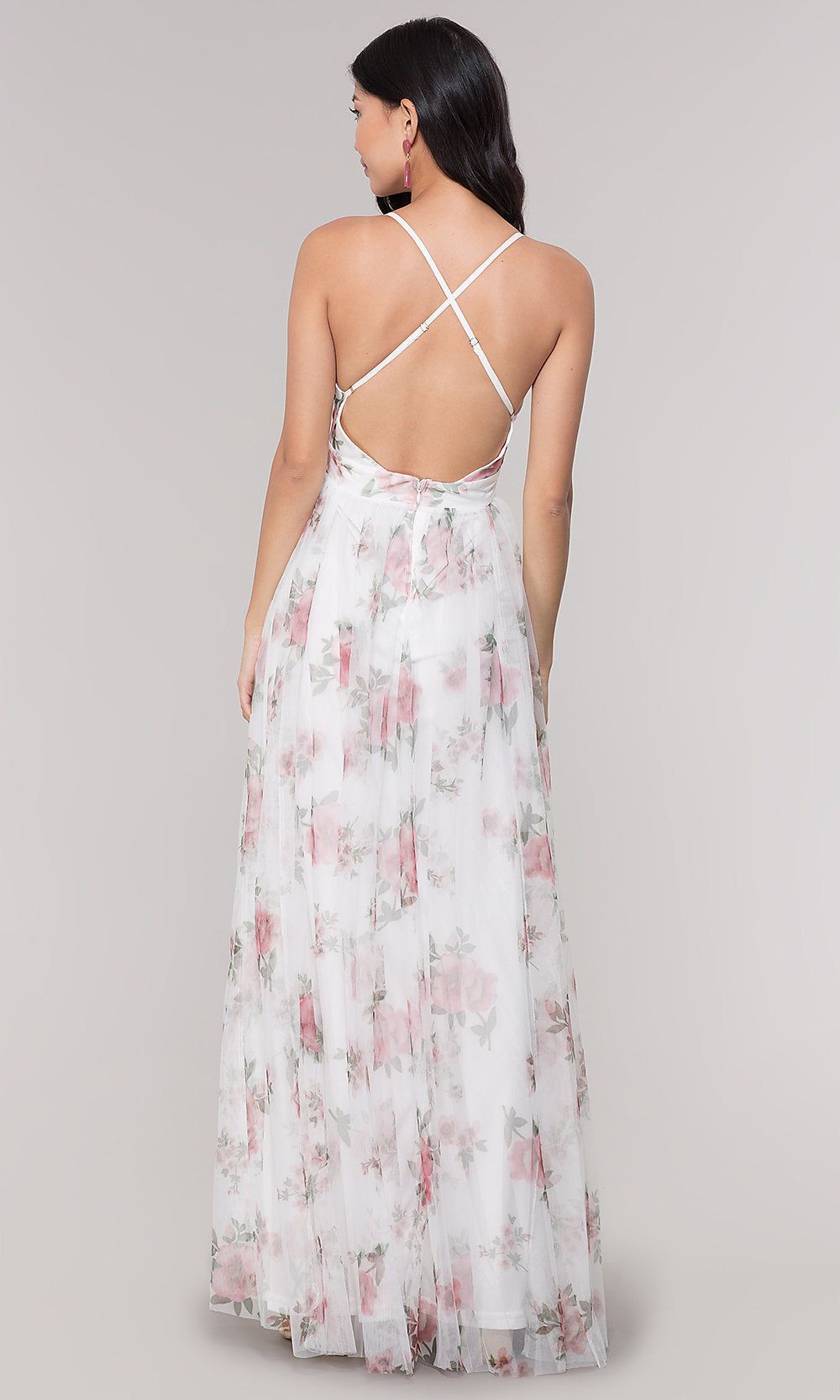 V-Neck Long Floral-Print White Prom Dress sold by PromGirl product image thumbnail 3