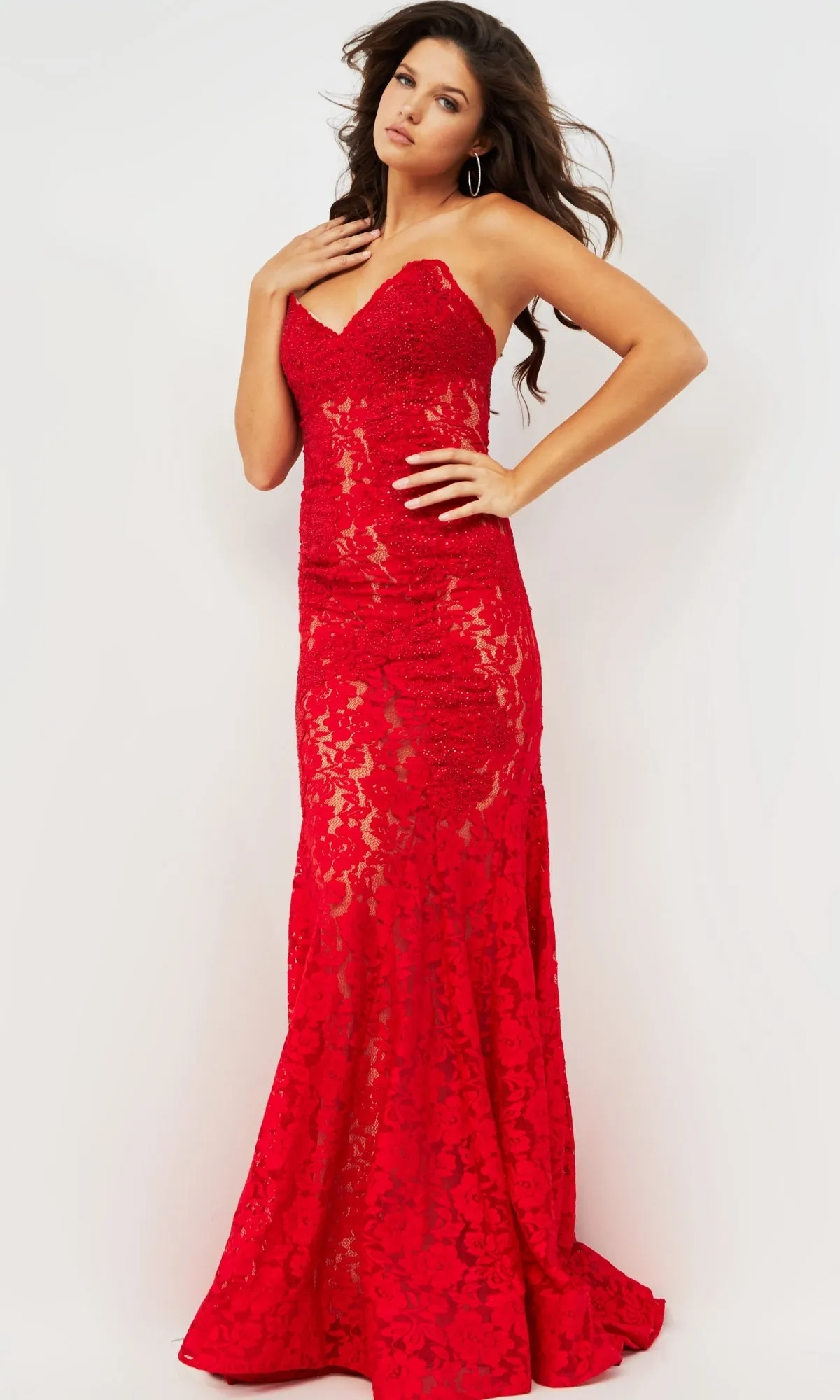 Strapless Long Lace Prom Dress; Jovani 37334 sold by PromGirl